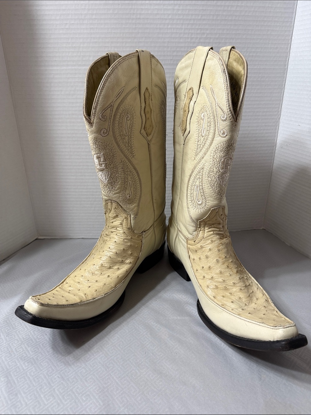El General Men's Sz 7 Cream Ostrich Print Leather Western Cowboy Snip Toe Boots